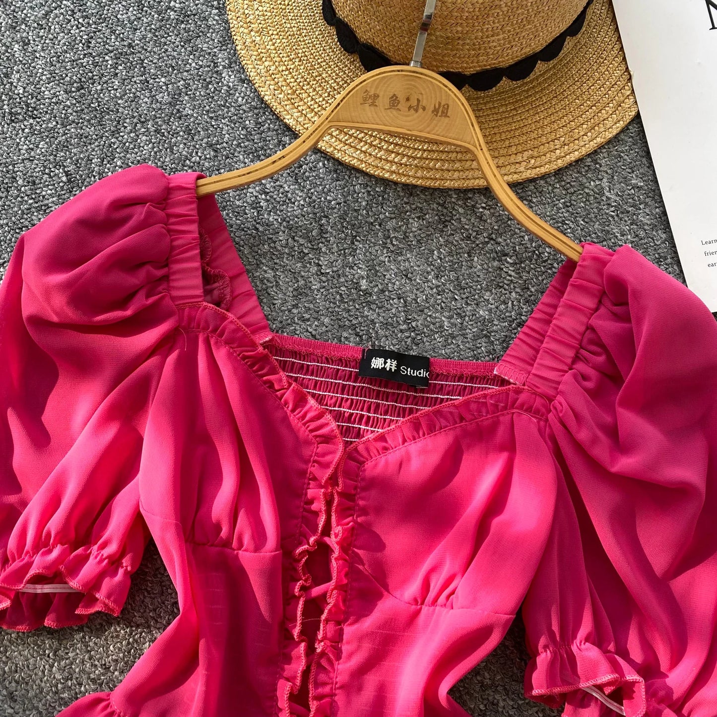 French Style Chiffon Blouse Square Neck Short Sleeves Ruffles Lace Up Beach Top