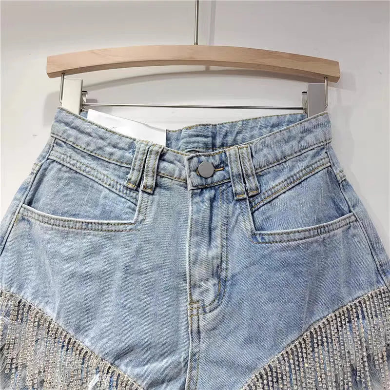 Denim shorts women's heavy industry rhinestone design high waist hot pants