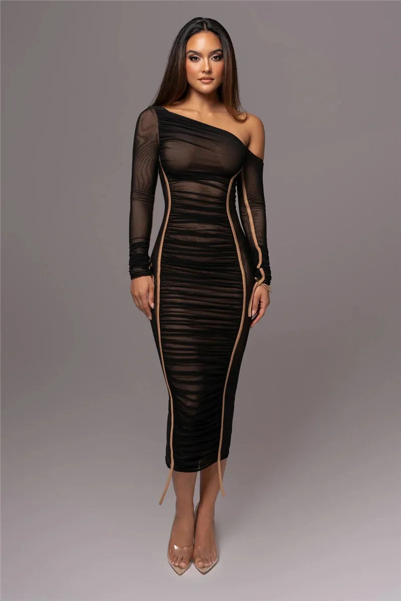 Diagonal Collar Long Sleeve Midi Bodycon Dress For Women Two Layer Mesh