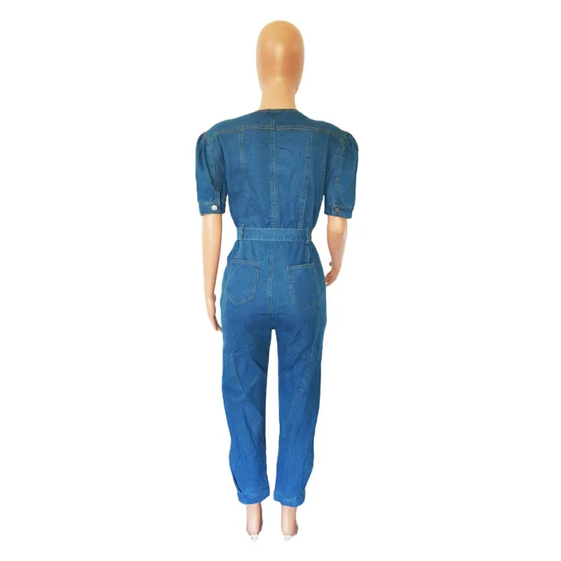 Denim Jumpsuit for Women Lace-up Pencil Pant Jeans Short Sleeve Sashes Long Rompers Playsuits One Piece Overalls Outfits
