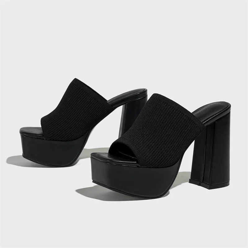 Knitted Platform Slippers Chunky High Heels Women Peep Toe High Heel Slippers