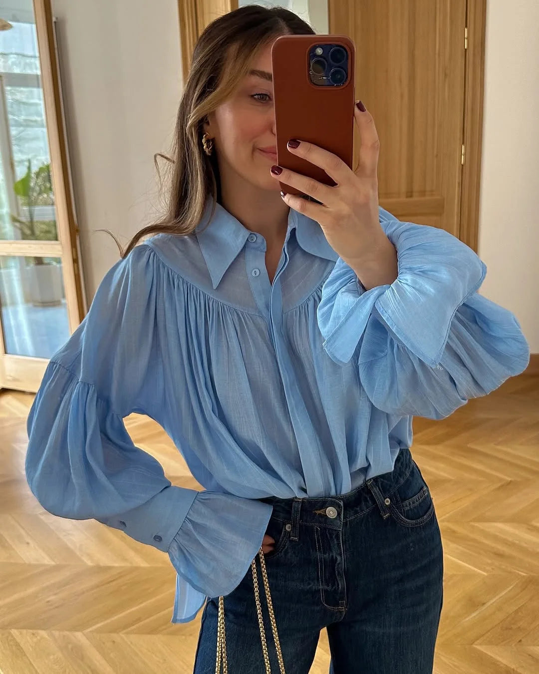 Summer Ruffled Loose Shirts For Women Lapel Long Sleeve Casual See-Through Blouse