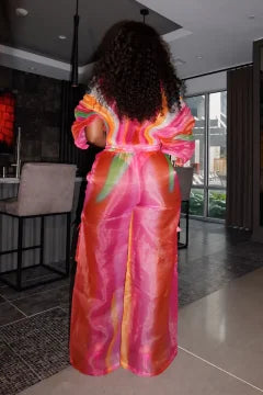Plus Size Hot Pink Gradient Round Neck Batwing Sleeve Half Sleeve Cargo Pleated Two Piece Pant Sets