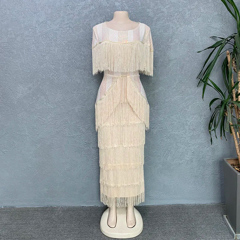 Women Sexy Fringed Embellished Bodycon Celebrity Evening Dress