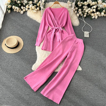 Casual Two Pieces Suits Long Sleeve Knitted Cardigan Coat+Elastic Waist Wide Leg Pants