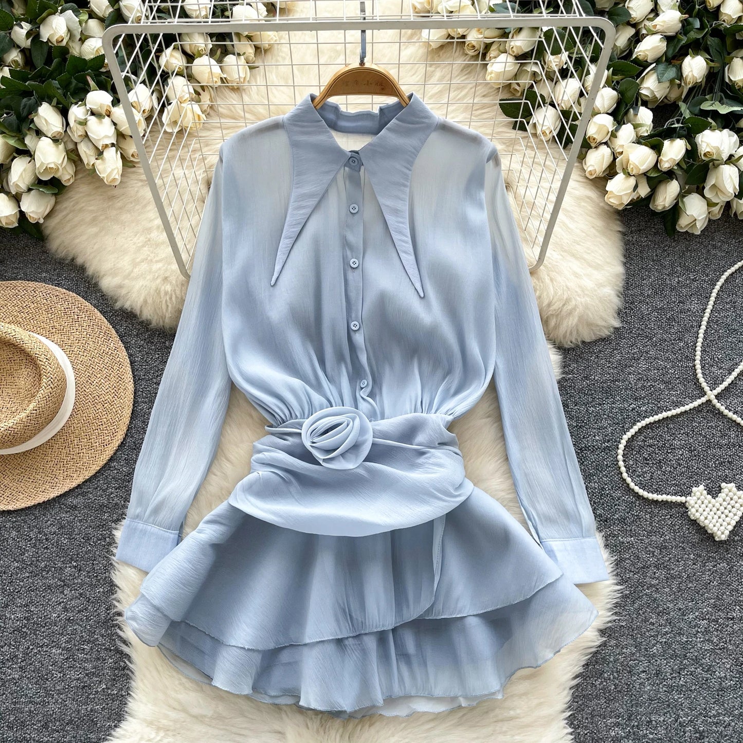 3D Floral Vintage Shirt Women Lapel Neck Long Sleeves Sheer Bohemian Organza Blouse