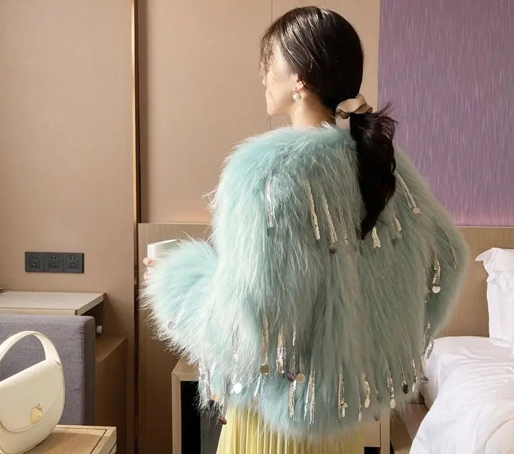 Faux Fur Grass Sequined Tassels Coat Women's Short Beaded Fringed Bomber Jacket