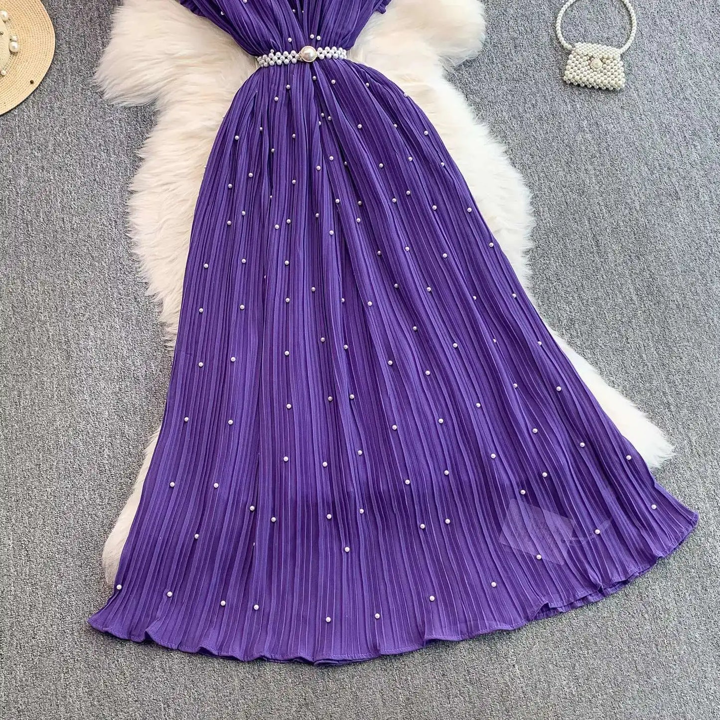 Summer Luxury Pearls Long Chiffon Dress For Women Loose Big Size Short Sleeve Crystal Birthday Evening Midi Pleated Dresses