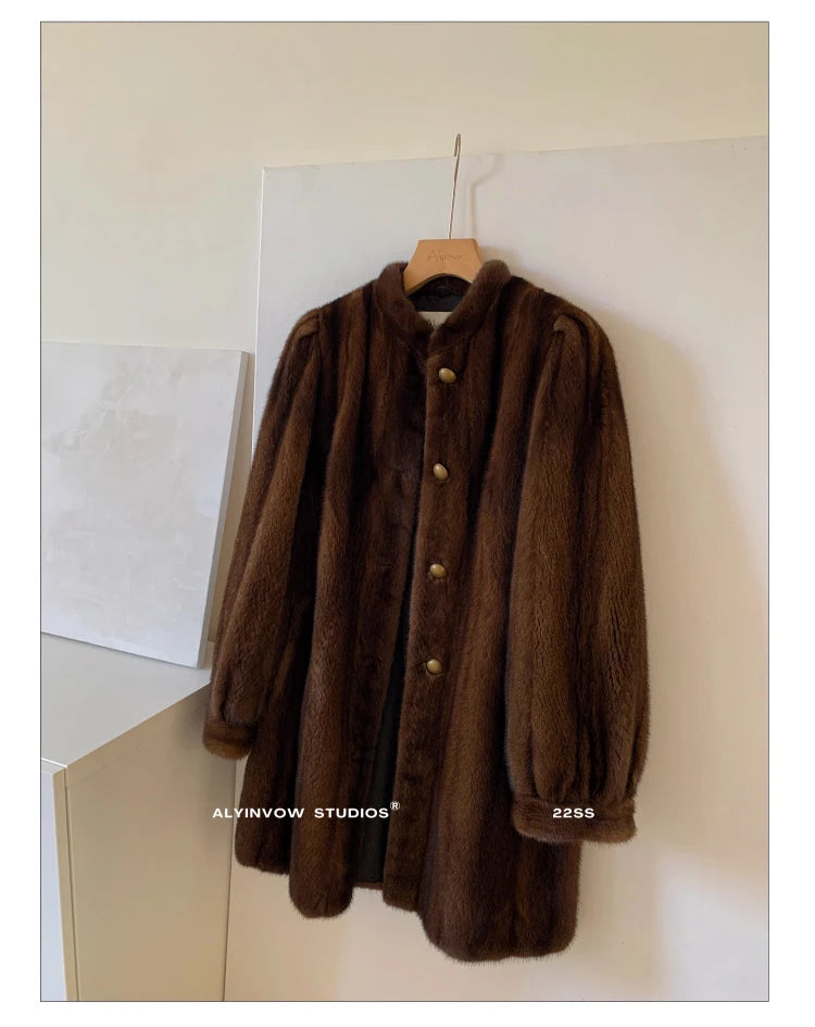 Brown Thick Warm Soft Faux Mink Fur Coat Women Puff Sleeve Stand Collar Fluffy Jacket
