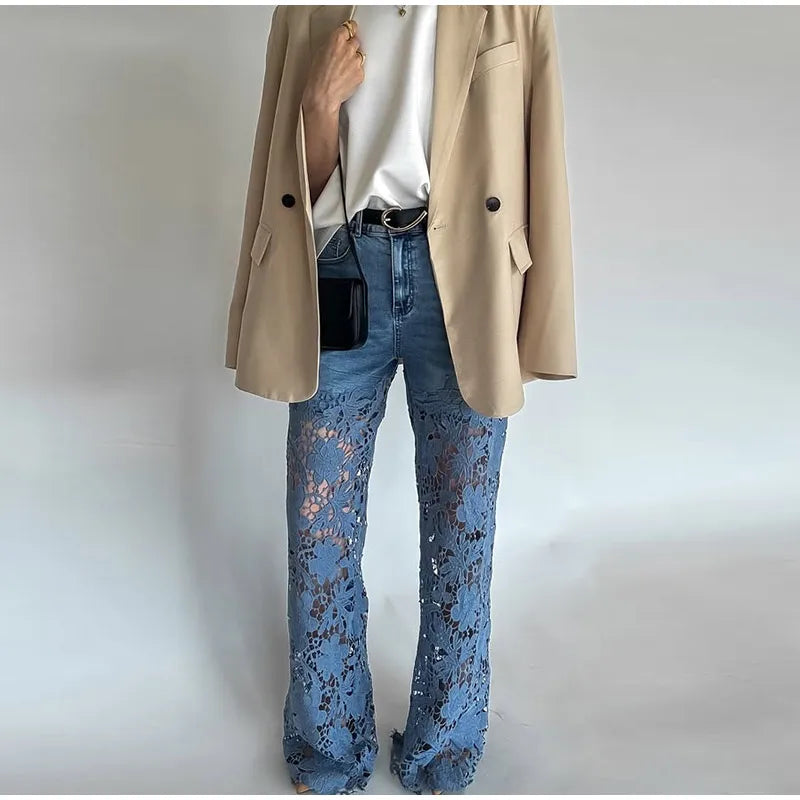 Urban Crochet Denim Women Pants Hollow Out Zippers Pocket Button Female Trousers
