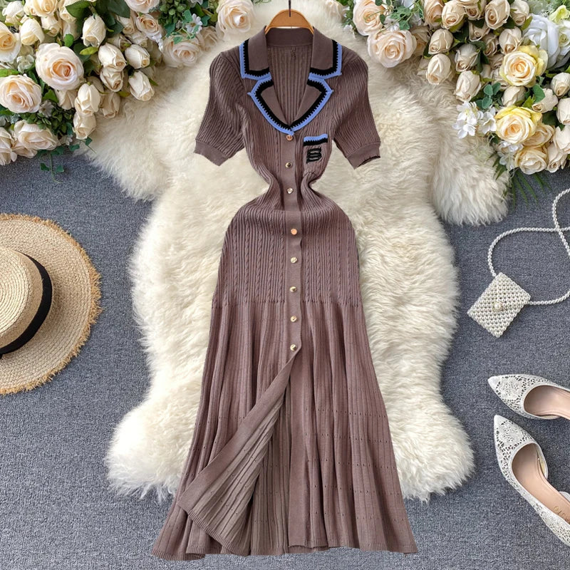 Women Contrast Color Midi Dress Elegant Pockets Short Sleeves Button Down Dress