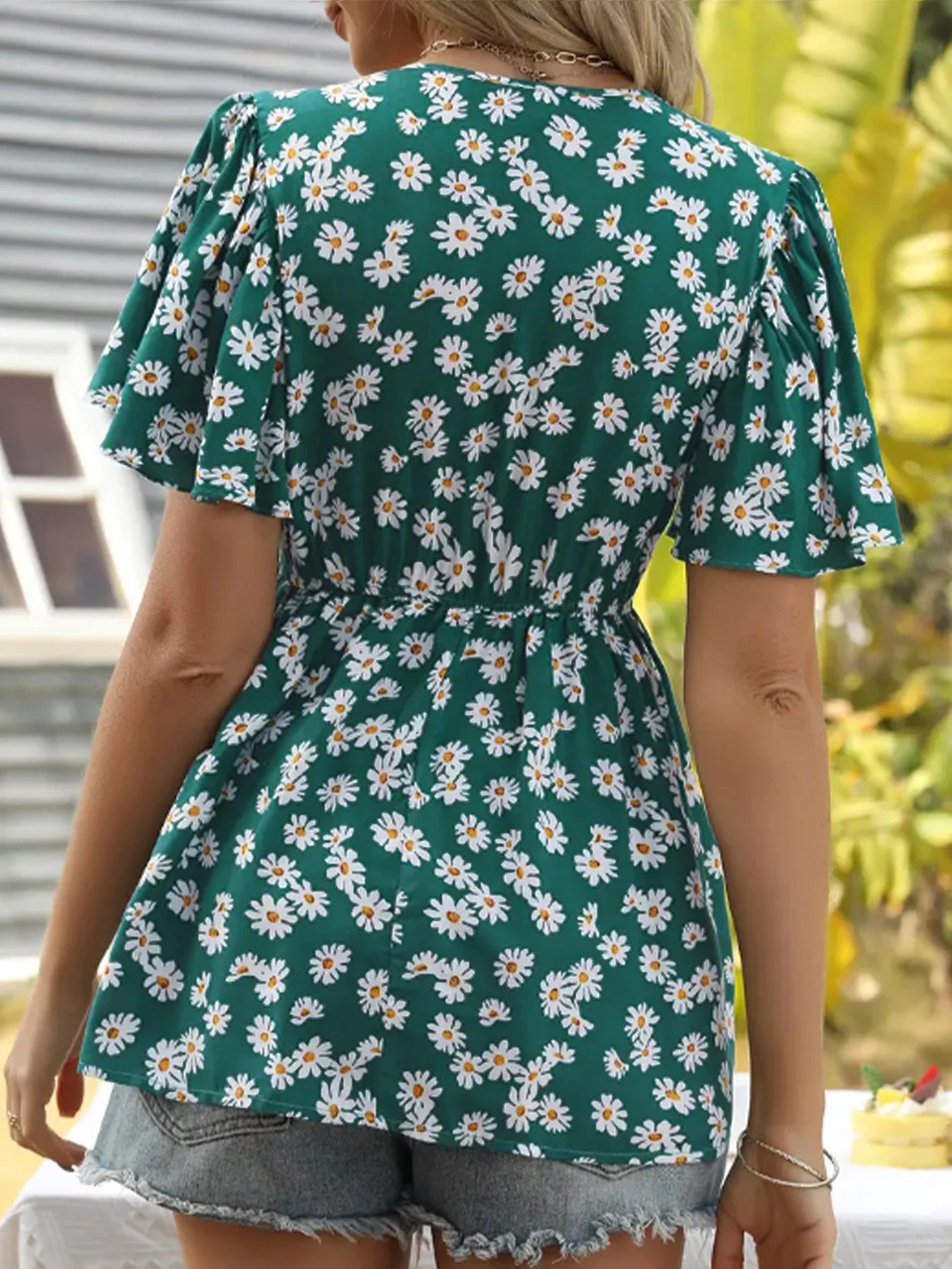 Plus size summer women's new floral V-neck waist-cinching top