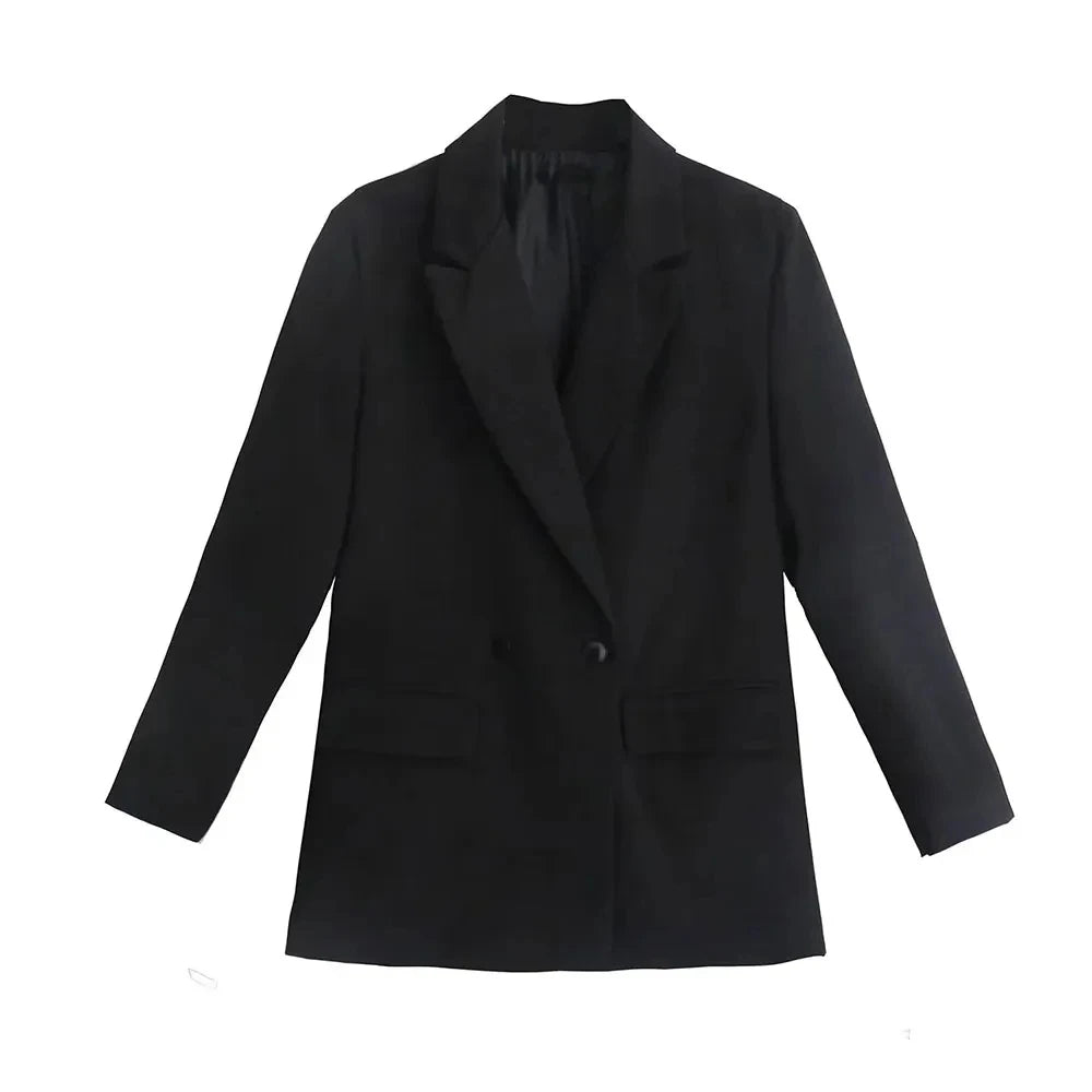 Women Double Breasted Loose Fitting Blazer Coat Vintage Long Sleeve Pockets Female Outerwear Blazer