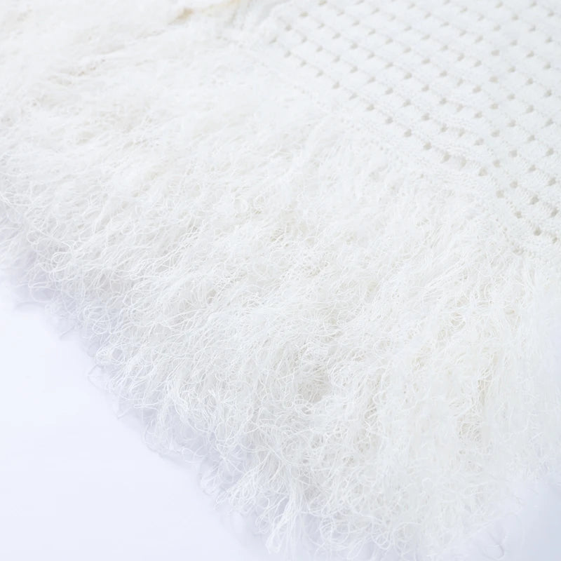 Knit Tassel Skirt Sets Women Hollow Out Lapel Single Breasted Short Sleeve Tops Mini Skirts