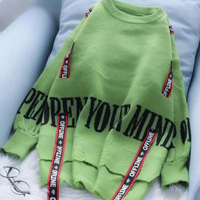 Style Letter Spliced Jumpers Ladies Loose Casual All-match Knitted Pullover Y2k Sweater
