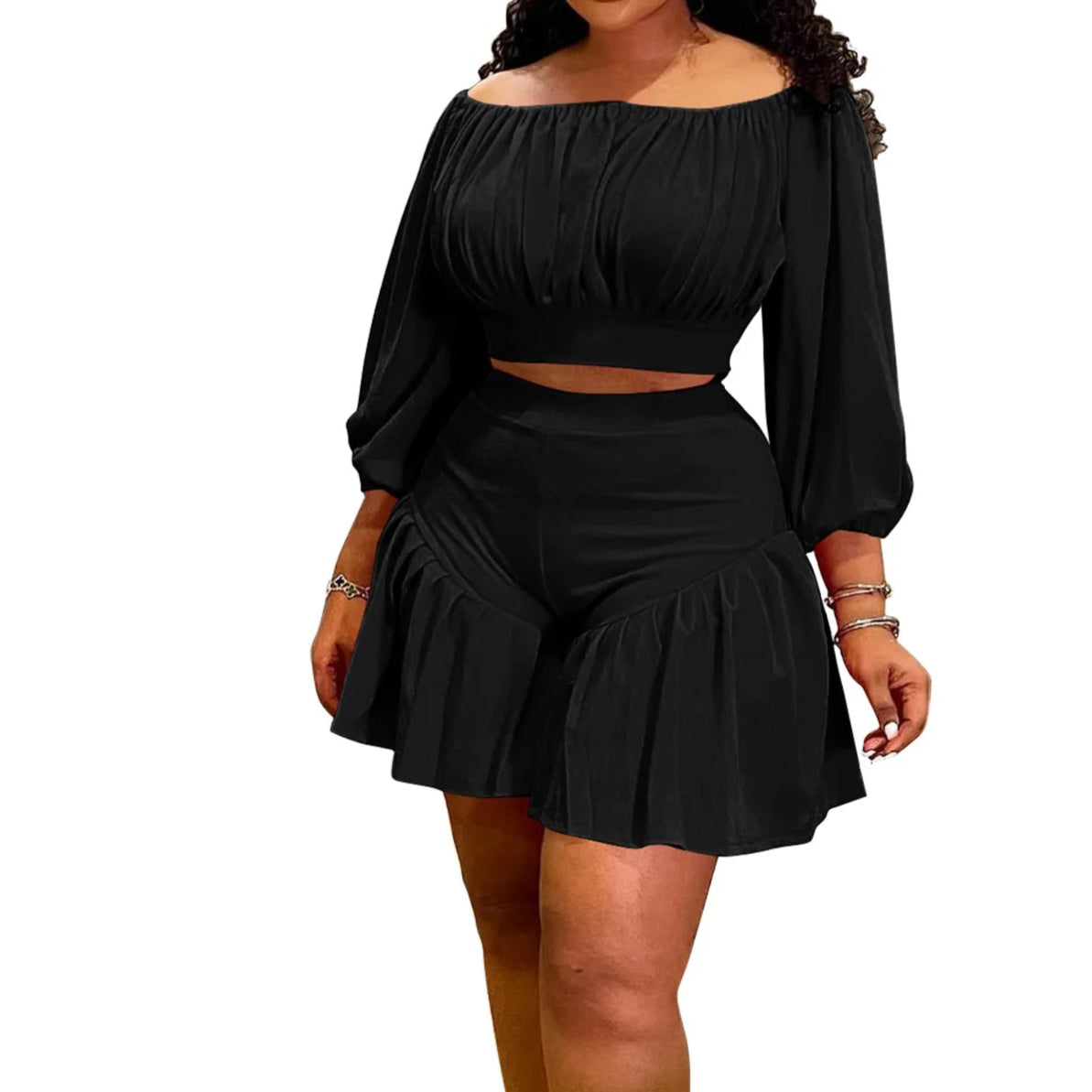 Plus Size Women's Set Long Sleeve Slash Neck T-Shirt and Shorts Summer Two 2 Piece Set