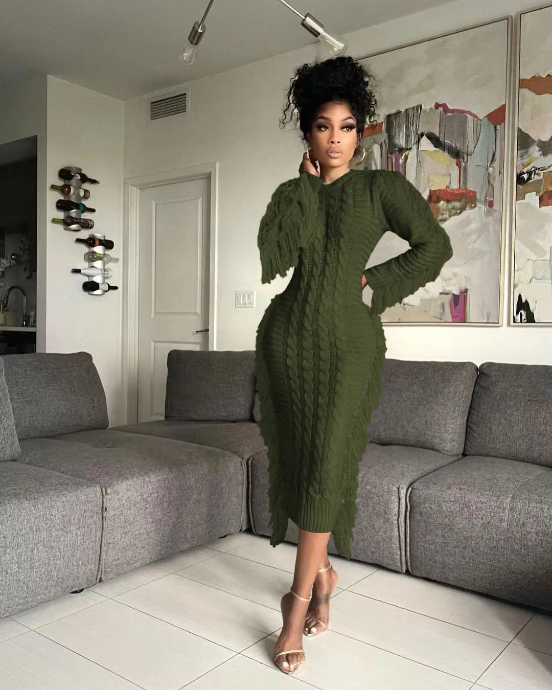Women Long Sleeve Tassel Bodycon Midi Knit Dress O-neck Sweater Dress