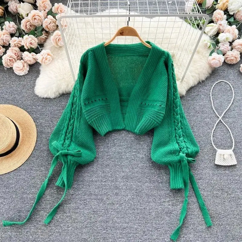 Green Casual Acrylic Knit V-Neck Lantern Long Sleeve Lace Up Women's Cardigan