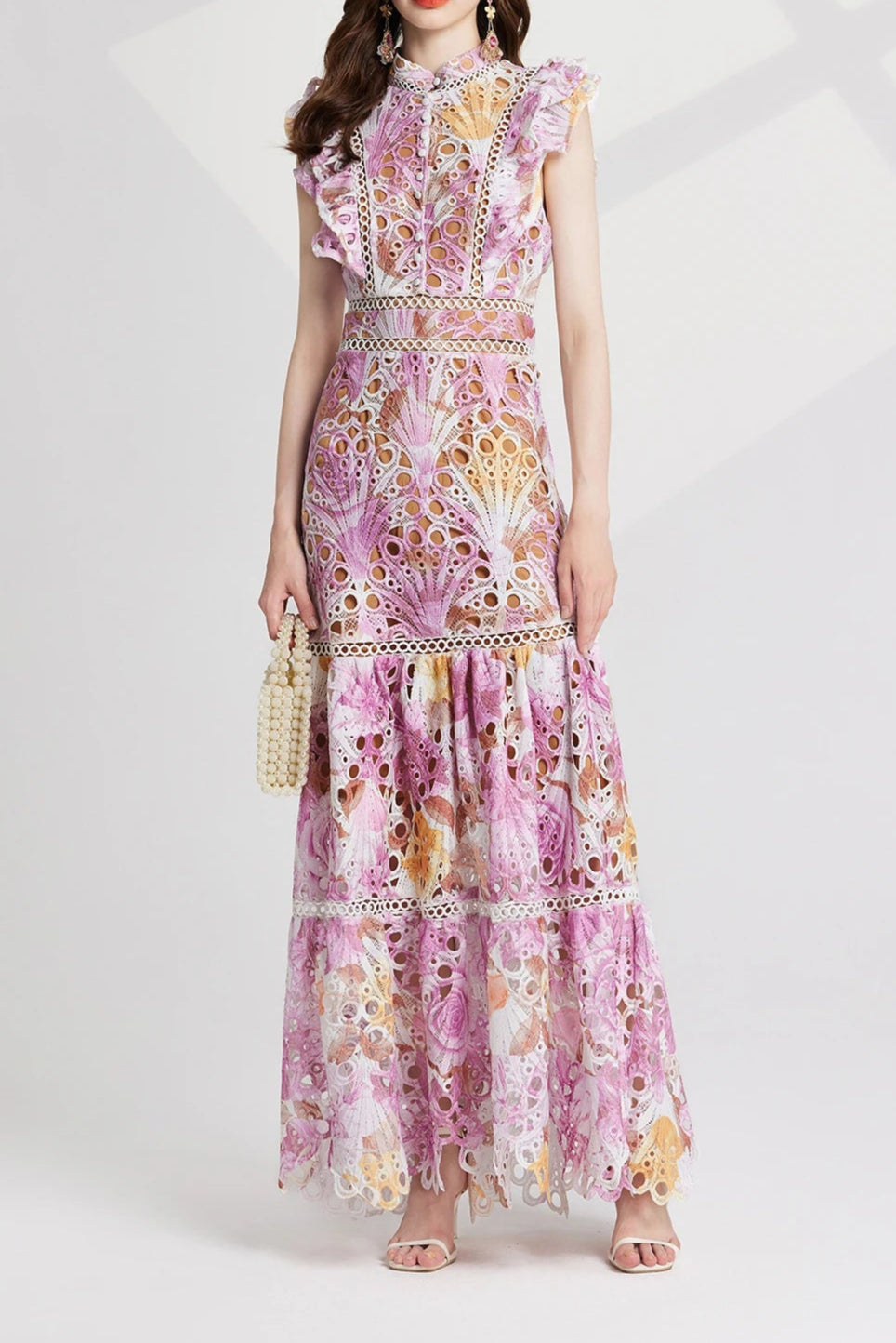 Flower Embroidery Maxi Wedding Guest Dress Women Flare Ruffles Sleeve Neck Colorful Long Robe