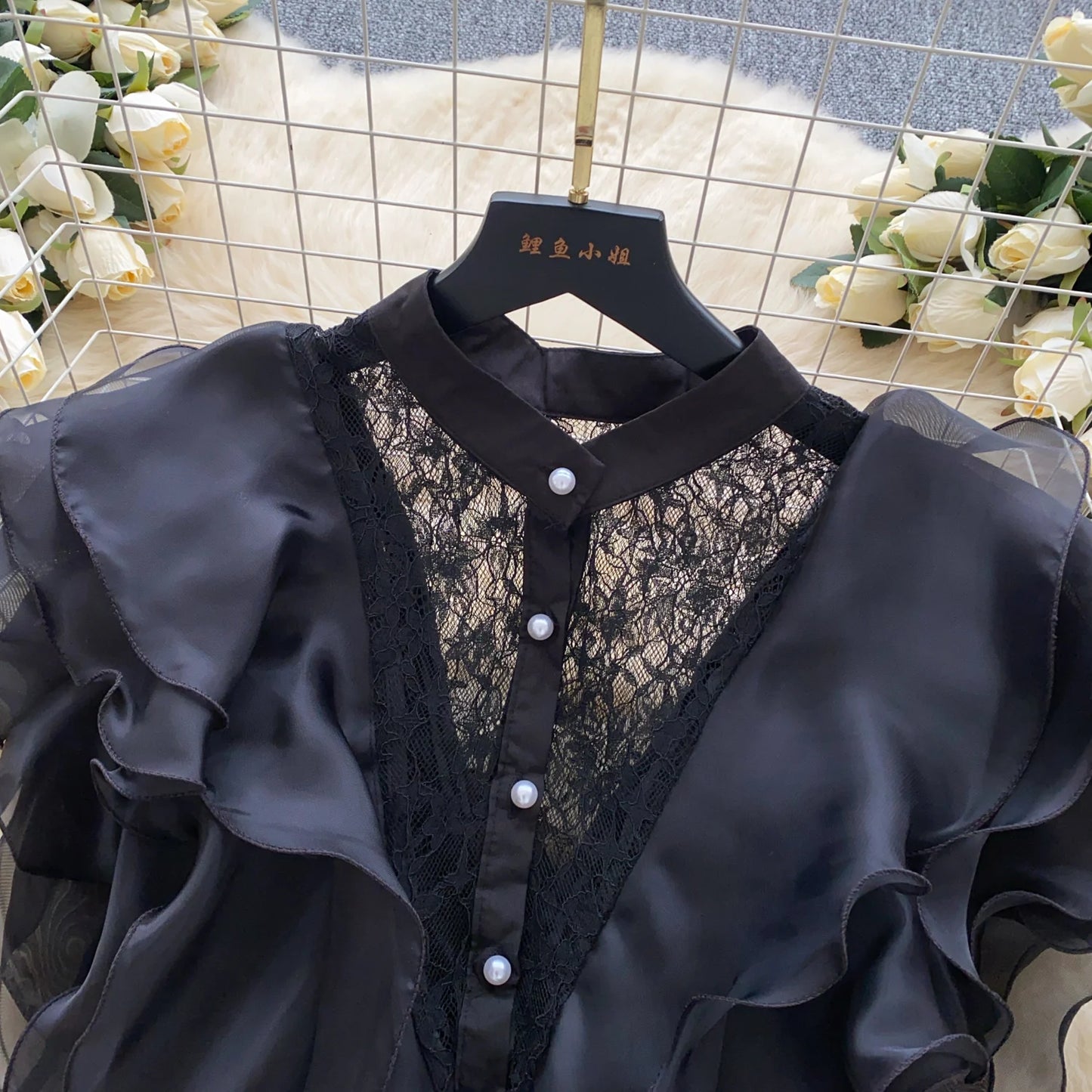 Ruffle Blouses Women French Style Single Breasted Lace Patchwork Shirt Summer Top