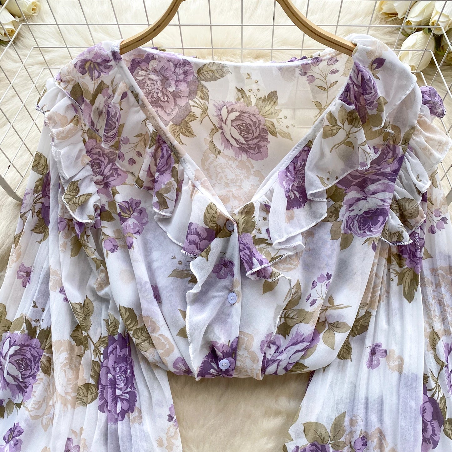 Floral Print Loose Shirt Women Lantern Sleeve V Neck Thin Causal Ruffle Blouse