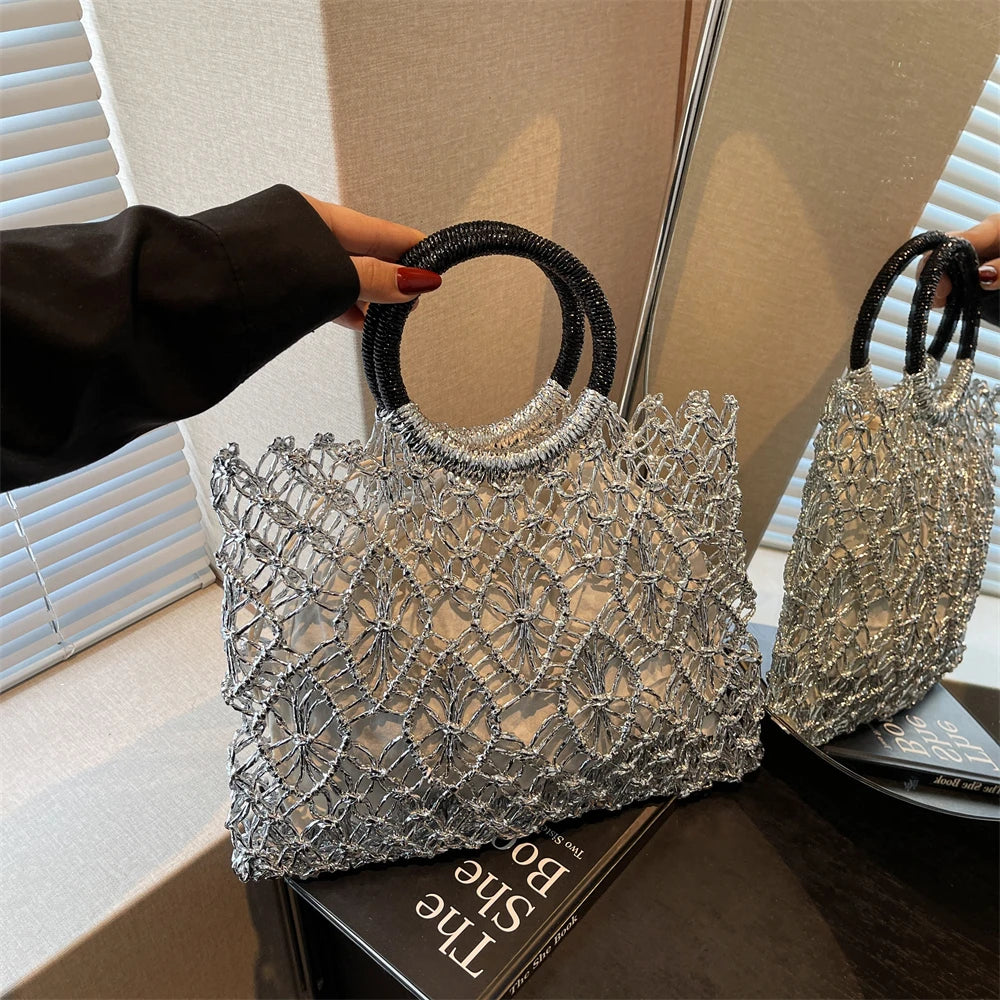 Handmade Woven Design Round Handle Handbags For Women