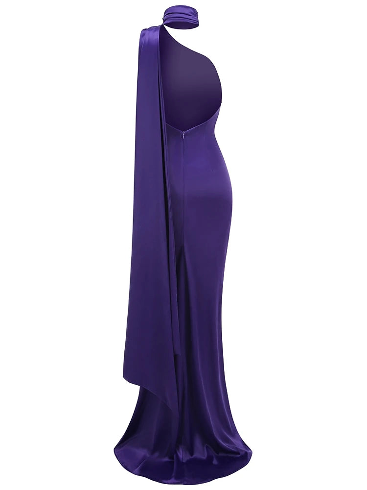 Bridesmaids Neck 3D Flower Backless Long Dress Women Purple Sleeveless Ribbon Draped Maxi Dress