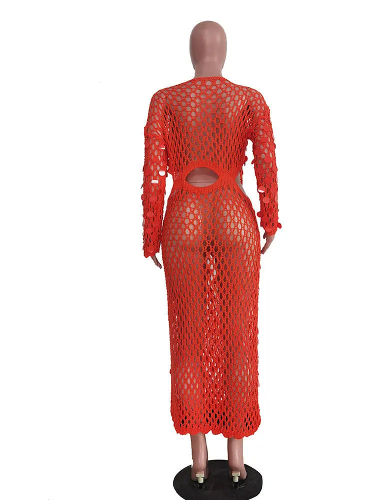 Fishnet Knitting Hollow Sequins Maxi Dress Sexy See Through Vacation Beach Dress Resort Wears