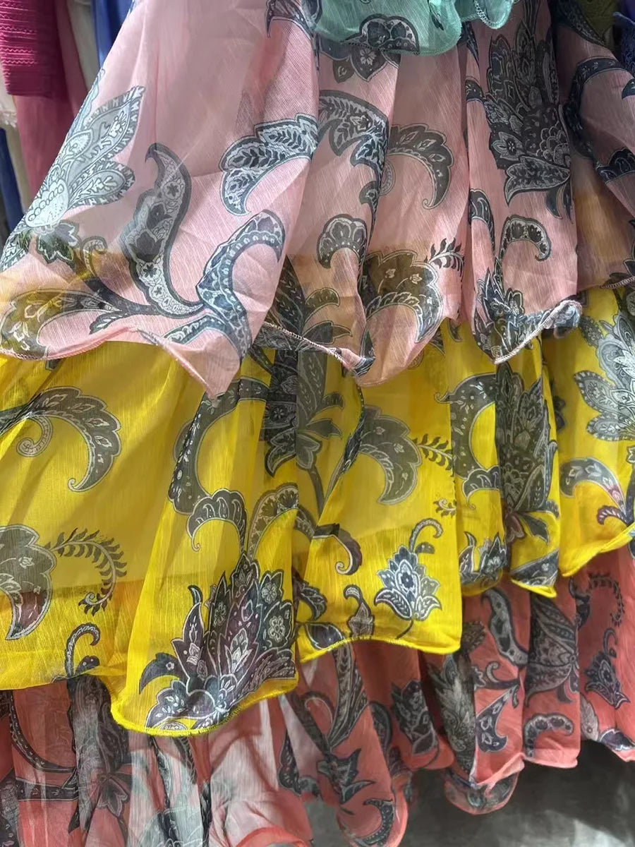 Colorful Print Ruffle Maxi Dress Spliced Lace Up Robe for Women Round Neck Sleeveless High Waist Patchwork Ruffles Dress