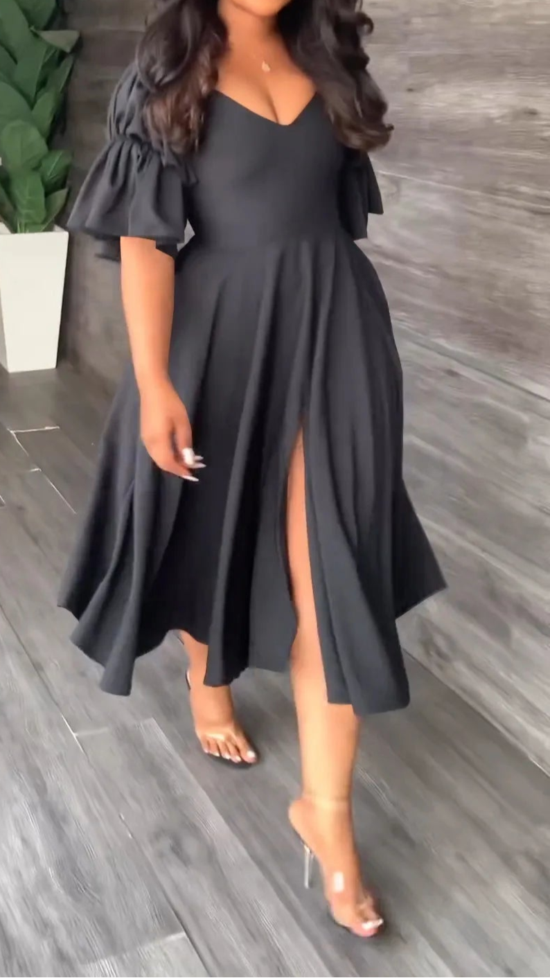 Vintage Women Criss Cross Open Back Lantern Half Sleeve V-neck Big Swing Dress