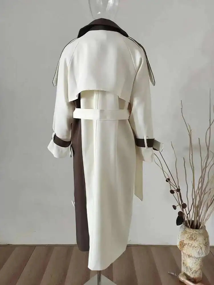 Color Block Trench Coat Double Breasted Patchwork Windbreaker Trench Coat