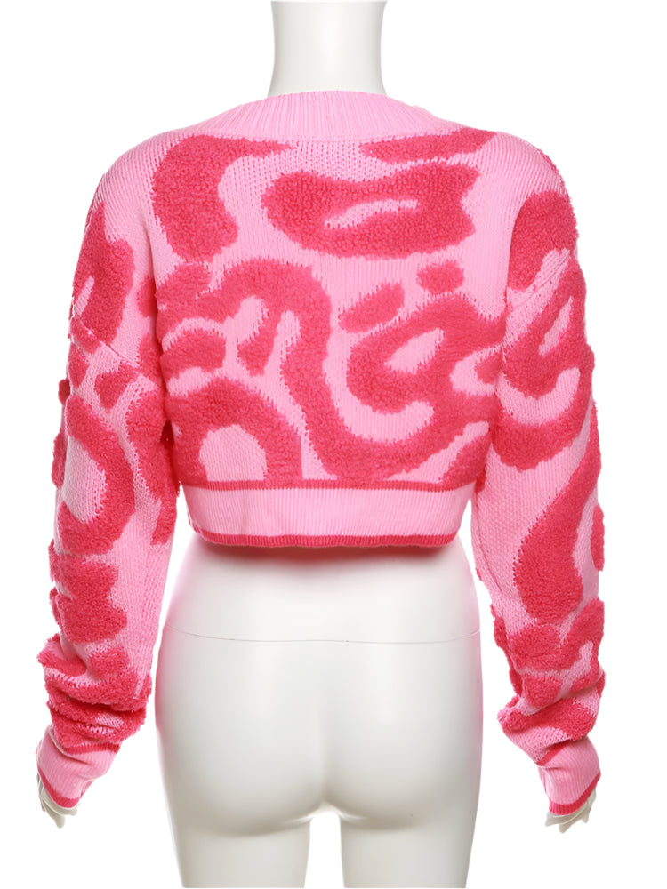 Women Bare Midriff Sweet Knitted Crop Cardigan Girls Fleece Patchwork Warm Button Sweater