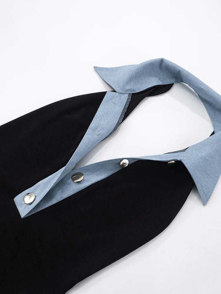 Denim Patchwork Rompers Polo-Neck Backless Sleeveless Vacation Playsuits