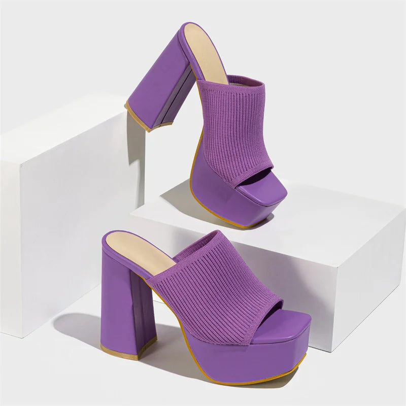 Knitted Platform Slippers Chunky High Heels Women Peep Toe High Heel Slippers