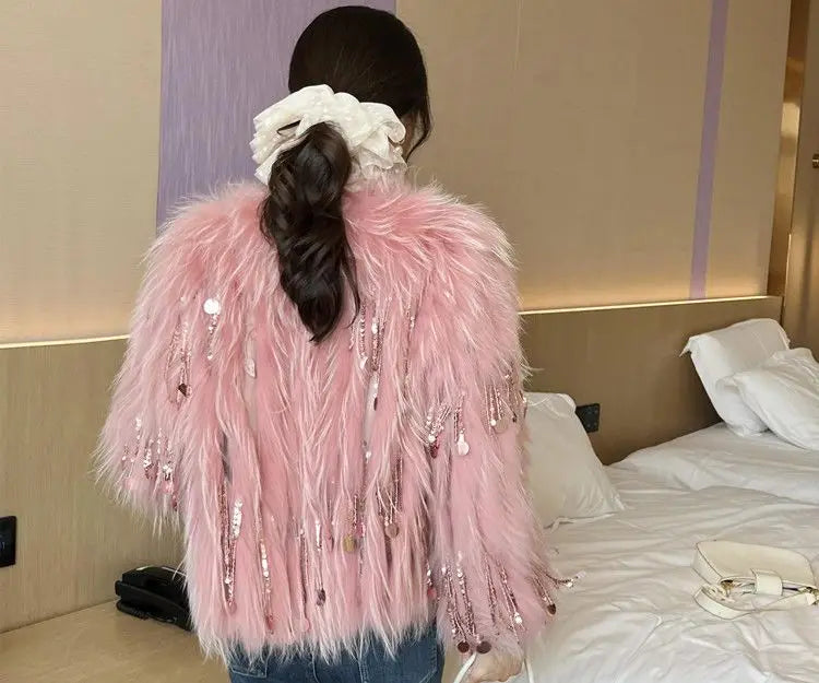 Faux Fur Grass Sequined Tassels Coat Women's Short Beaded Fringed Bomber Jacket