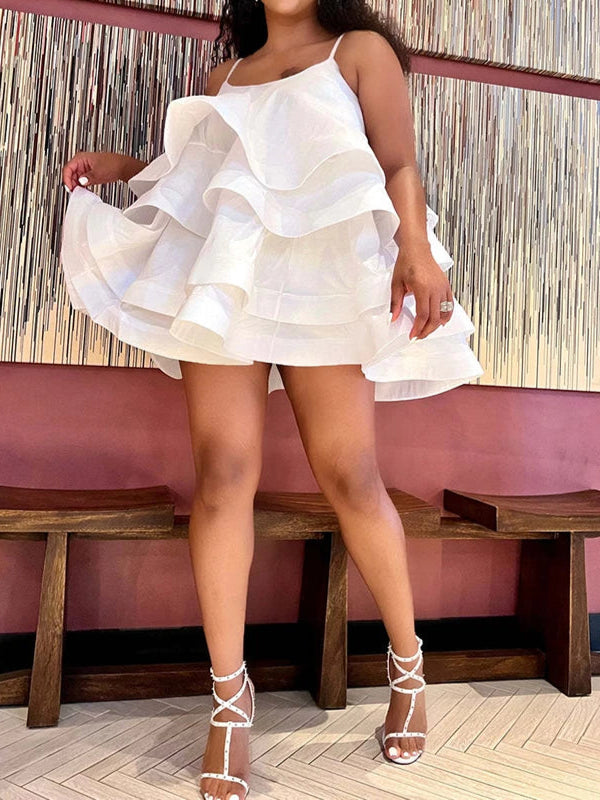 Sexy Short Daring Dresses Summer Spaghetti Strap Mini Dress with Cascade Ruffles