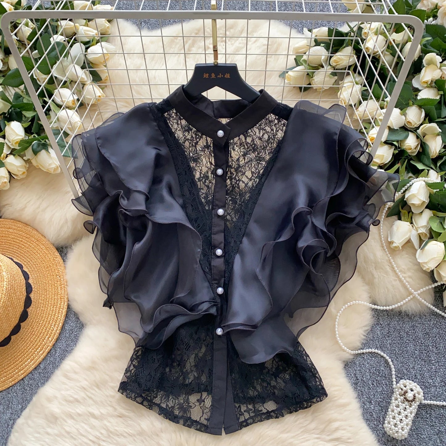 Ruffle Blouses Women French Style Single Breasted Lace Patchwork Shirt Summer Top
