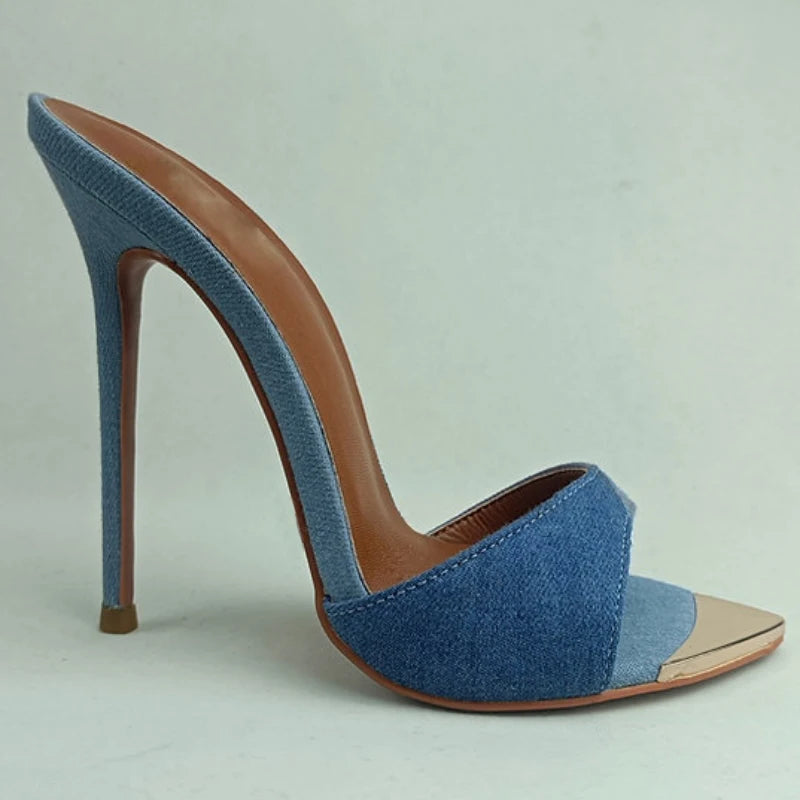 Denim Women Slippers Metal Decoration Pointed Toe Mules Shoes Super-high Heel Sandals