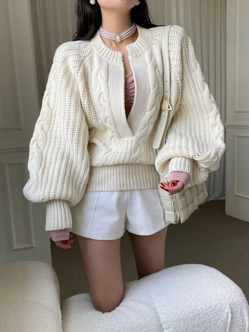 Chic Fried Dough Twists Pattern Pullover Loose Lantern Sleeve Knit Sweater