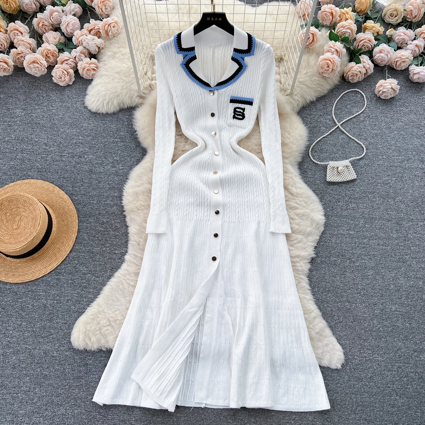 Women Polo Dress Single Breasted Pocket Design Bodycon Knitted Dress Sweater Midi Dress