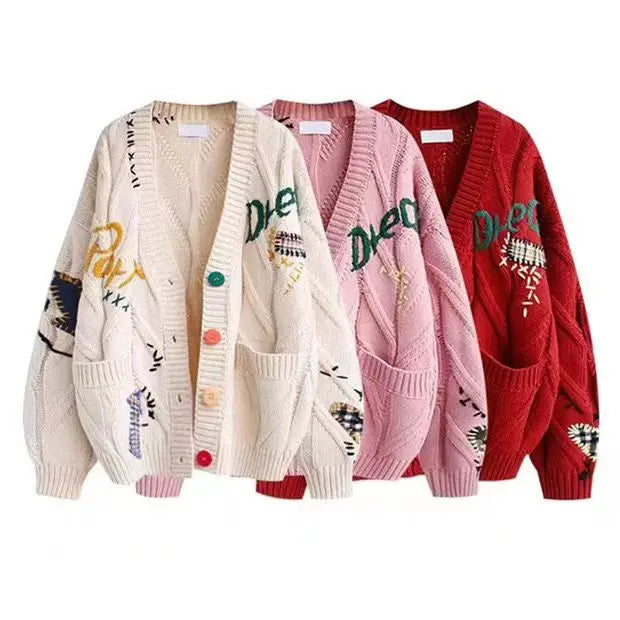 Embroidery Knitted Cardigan Women's Sweater Warm Long Sleeve V Neck Jumpers