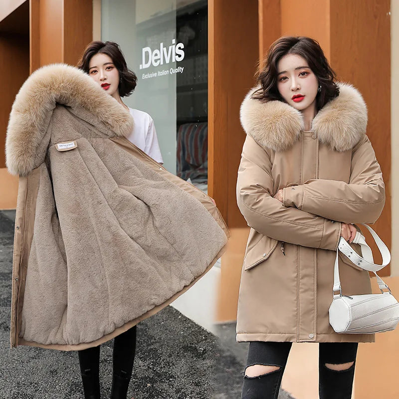 Women Long Wool Lined Hooded Parkas Winter Jacket