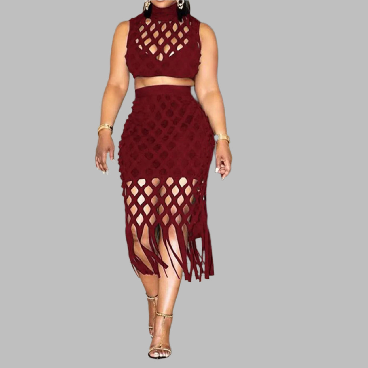 Women Hollow Out Tassel Bodycon Midi Skirts Two Piece Set and Sleeveless Top and Skirt Set