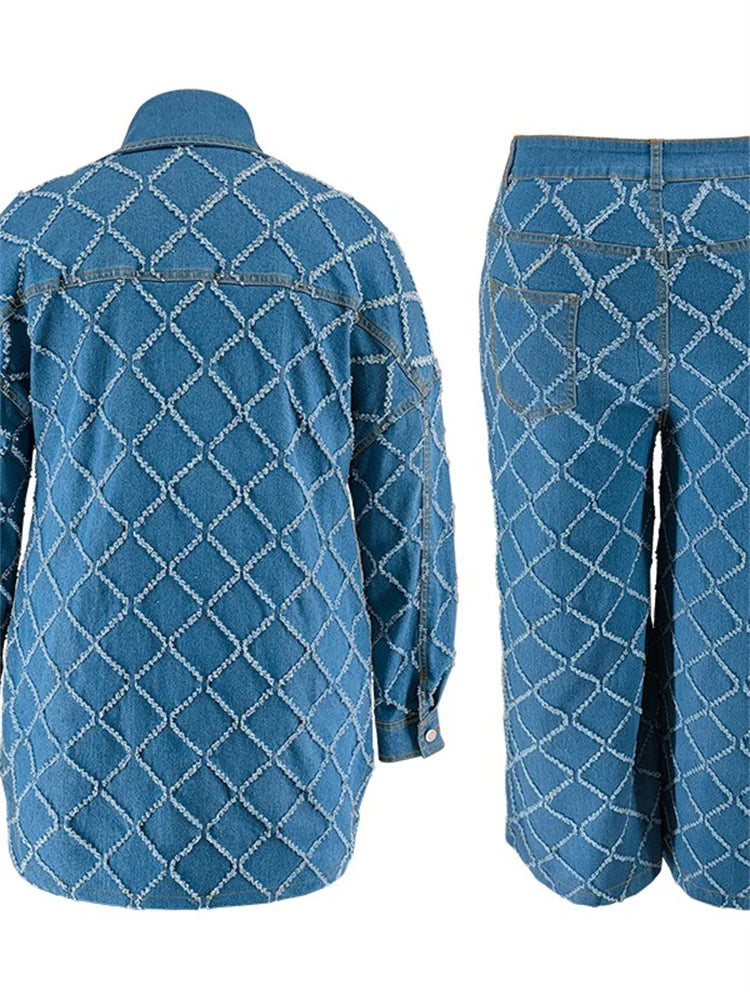 Plus Size Denim Two Piece Sets Women Long Sleeve Tops and Pants Matching Suits