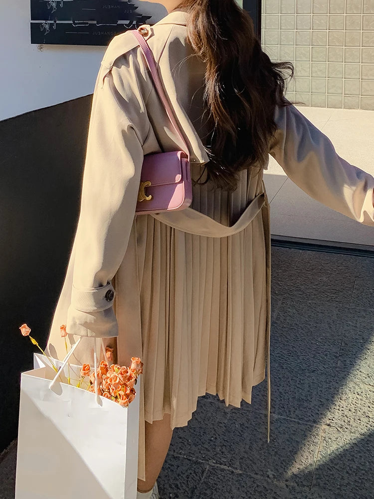 Women Khaki Pleated Elegant Trench New Lapel Long Sleeve Windbreaker Trench Coat