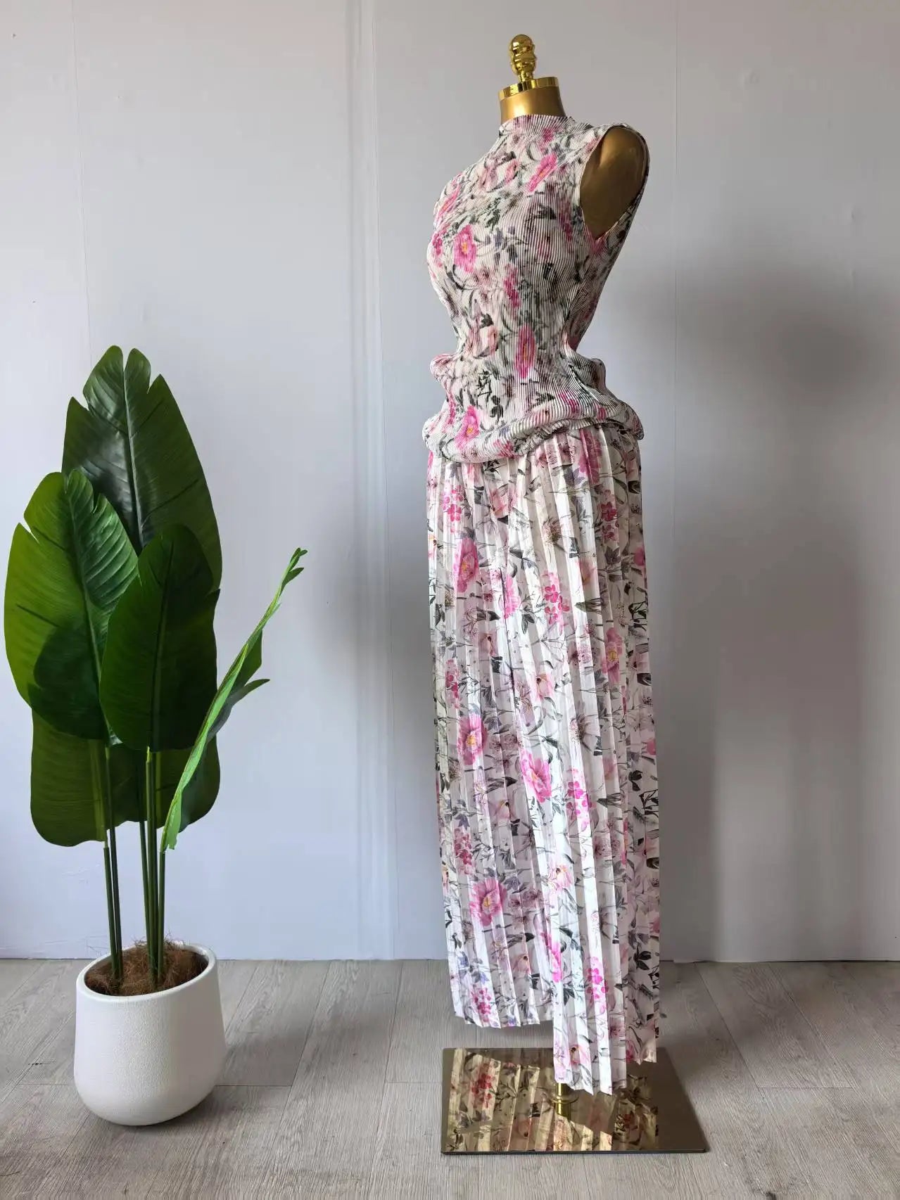 Women Set Floral Print Short Sleeve Pleated T-Shirt + Wide Leg Pants Two 2Piece Sets