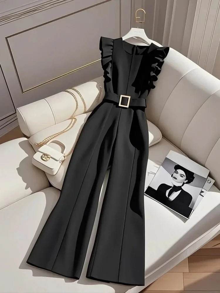 Oversized Luxury Temperament Jumpsuit Women Ruffles Sleeveless Elegant White Jumpsuit with Belt