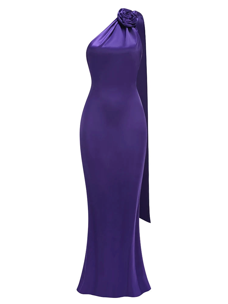 Bridesmaids Neck 3D Flower Backless Long Dress Women Purple Sleeveless Ribbon Draped Maxi Dress