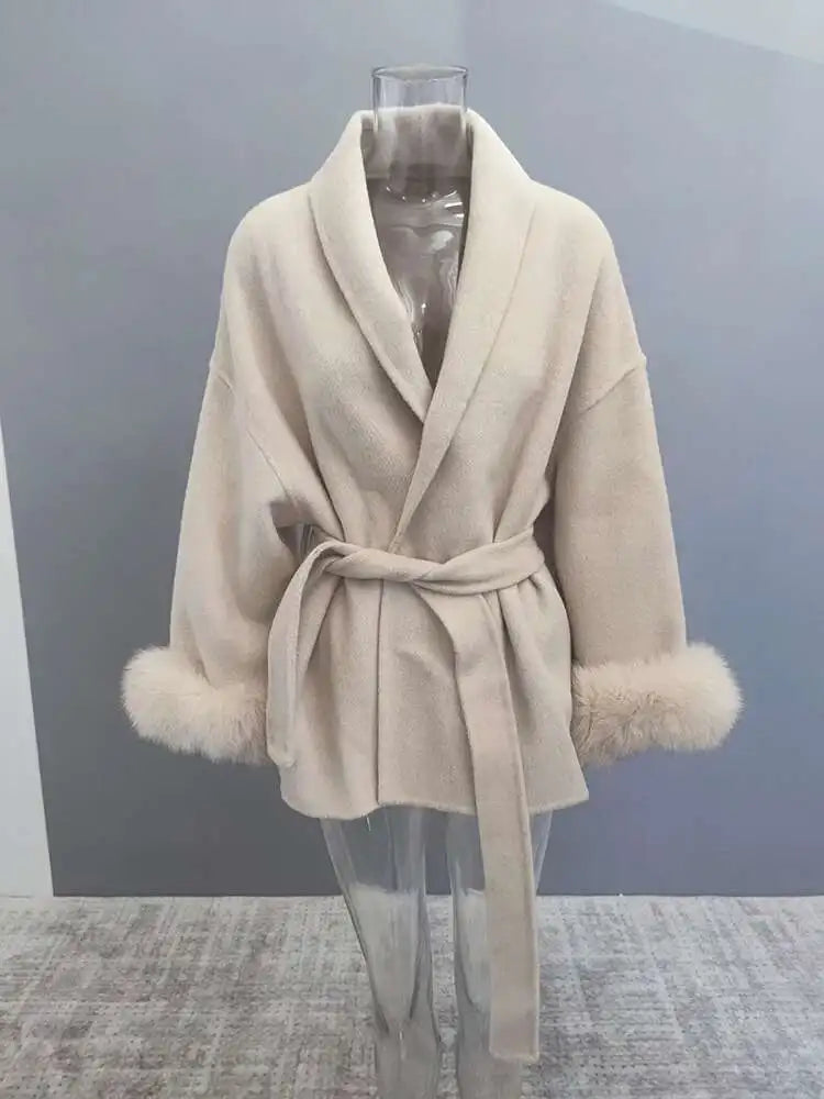 Women Overcoats Fur Patchwork Long Sleeve Woolen Coat