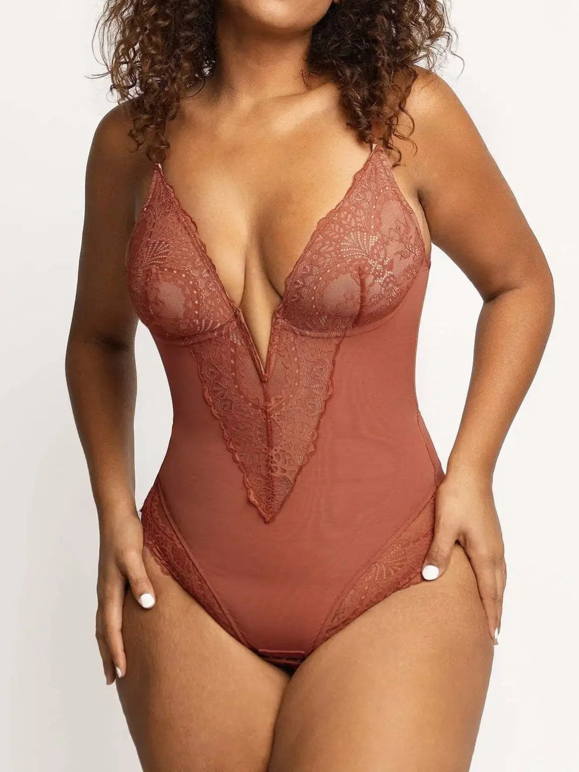 Sexy Deep V-Neck Lace Slimming Body Shaper Plus Size Tummy Control Push Up Bodysuit